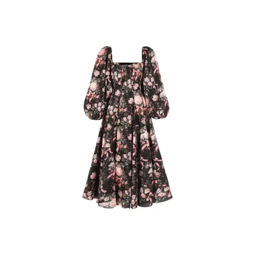 Selkie Long-Sleeved Dresses Women's Black Base With Pink Velvet Ribbon And Rose Print