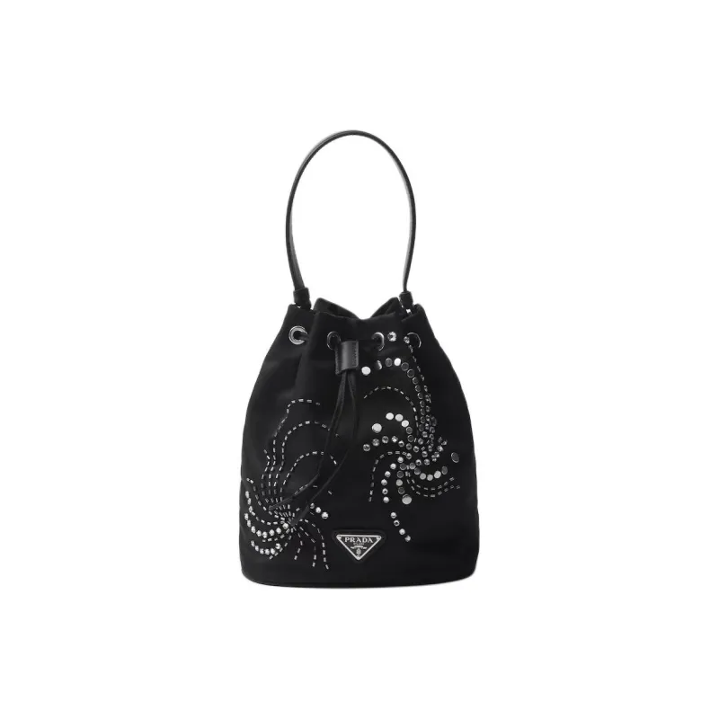 PRADA Re Nylon Fabric With Leather Bucket Bag, Shoulder Bag, Crossbody Bag, Handbag Mini Women's Black-0