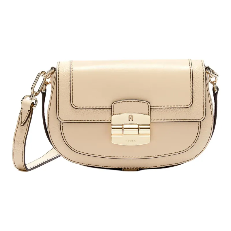Furla Club 2 Leather Saddle Bag Shoulder Bag Crossbody Bag Small Size Women's Beige-0