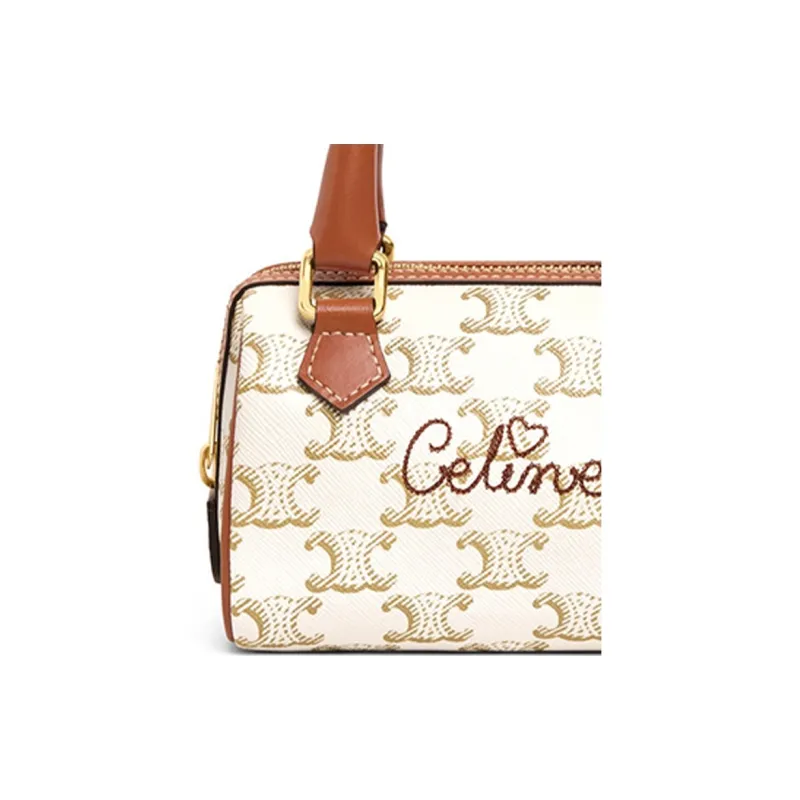 CELINE Cow Leather Boston Bag Handbag Shoulder Bag Crossbody Bag Mini Women's White-4