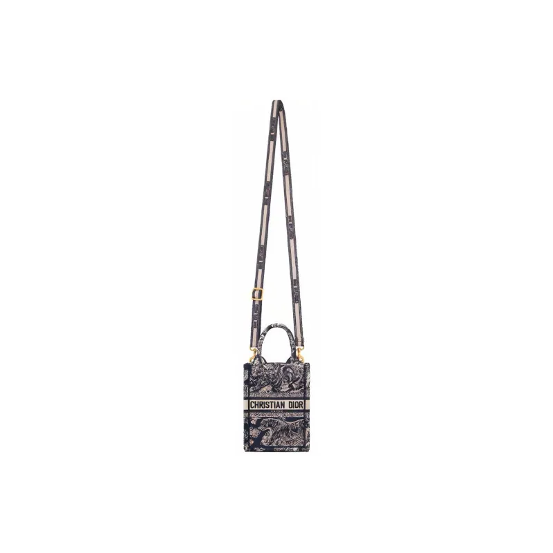 DIOR BookTote Embroidery Sheet Music Bag Smartphone Pocket Tote Bag Single Shoulder Crossbody Handbag Mini Women's Blue-3