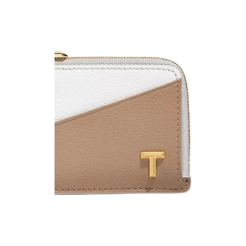 TIFFANY & CO. Tiffany T Goatskin Card Holder Women's White & Light Brown-4