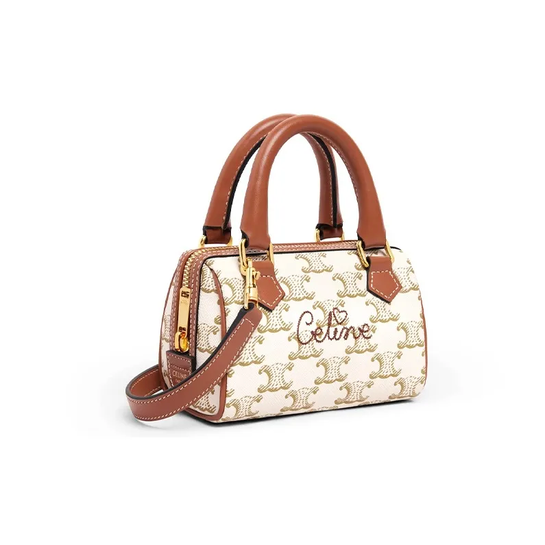 CELINE Cow Leather Boston Bag Handbag Shoulder Bag Crossbody Bag Mini Women's White-1