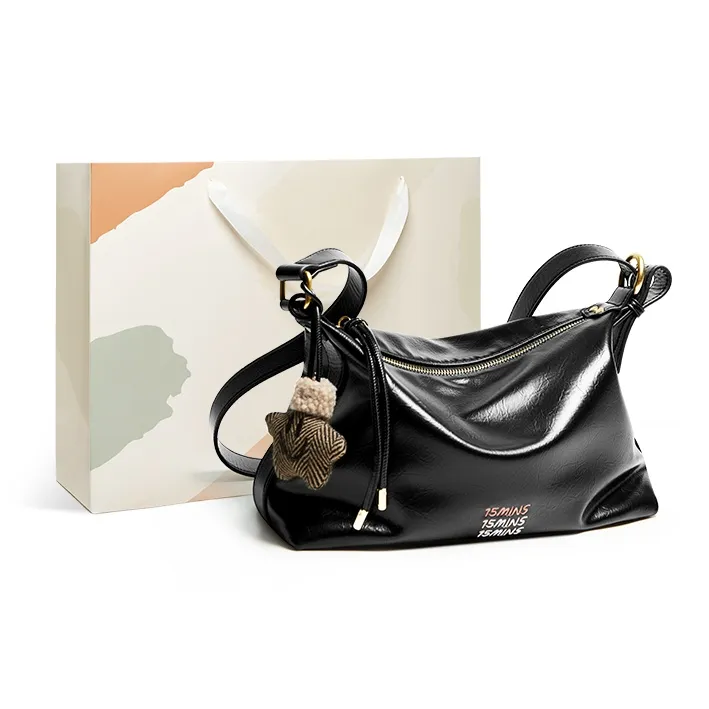 15 MINS Synthetic Leather Shoulder Bag Crossbody Bag Medium Size Women's Macaron Beige/Midnight Black/Ecru-5