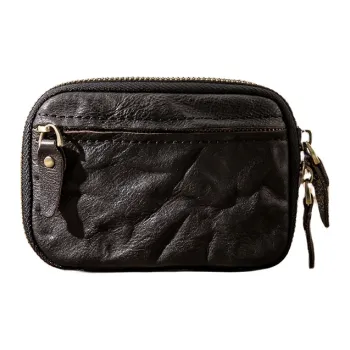 Back Step Top Grain Vegetable Tanned Cow Leather Card Holder Key Pouch Unisex Black/Coffee