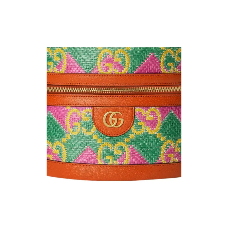 GUCCI Straw With Leather Trim Handbag Women's Green/Orange/Pink-7