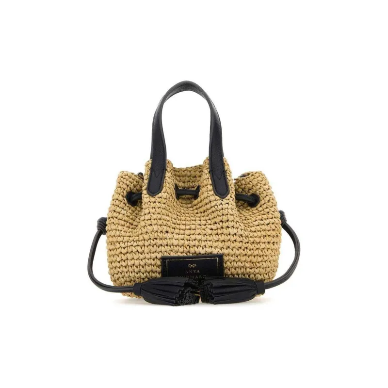 Anya Hindmarch Raffia Shoulder Bag Crossbody Bag Handbag Women's Beige & Black-0