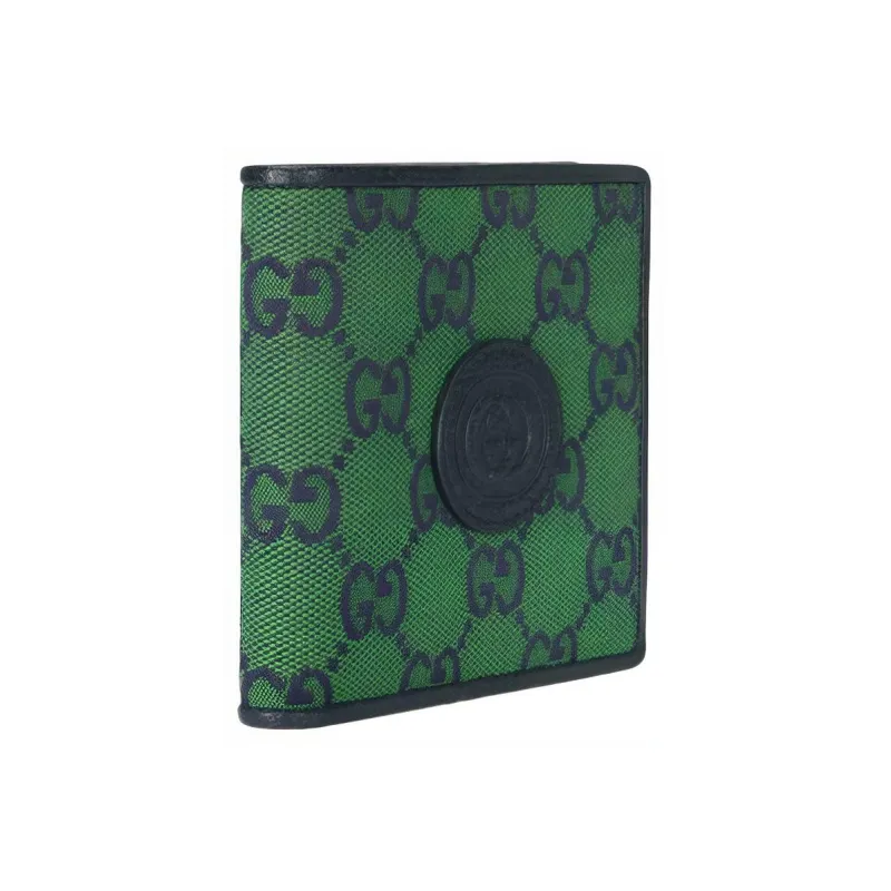 GUCCI Leather Logo Canvas With Leather Canvas Bag Wallets Men's Green & Dark Blue-3