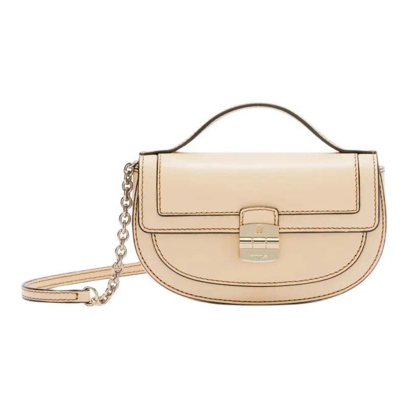 Furla Club 2 Grain Leather Trim Saddle Bag Handbag, Shoulder Bag, Crossbody Bag Mini Women's Beige-4