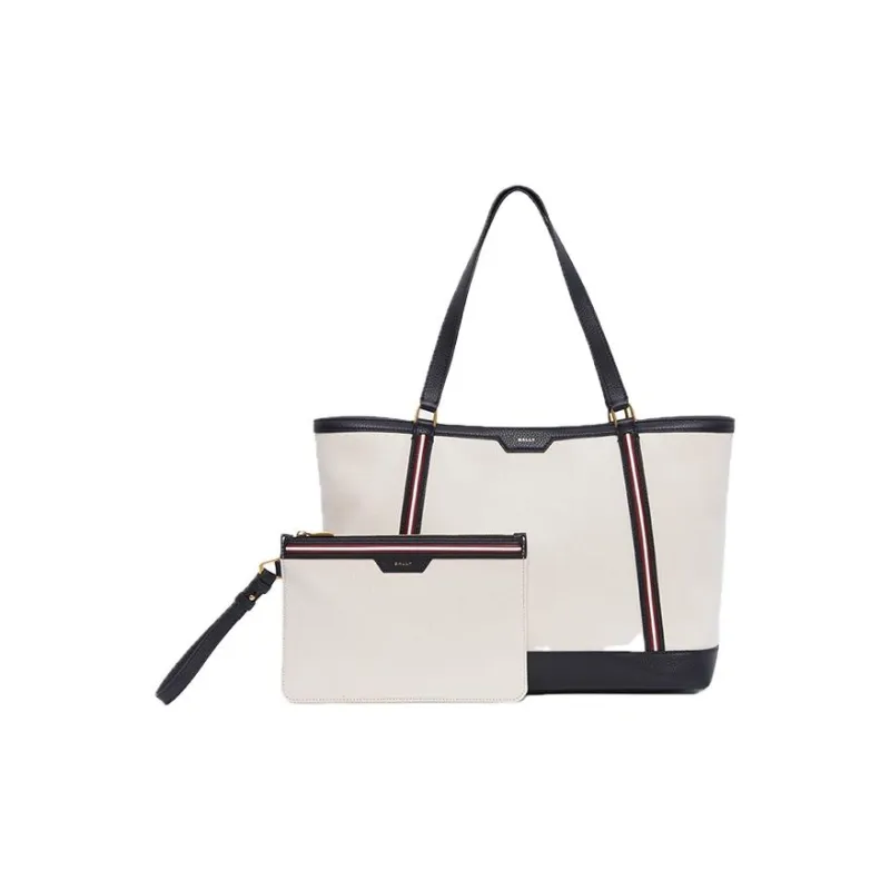 BALLY Fabric Cow Leather Patchwork Tote Bag Shopping Bag Handbag Large Size Women's Natural & Black-1