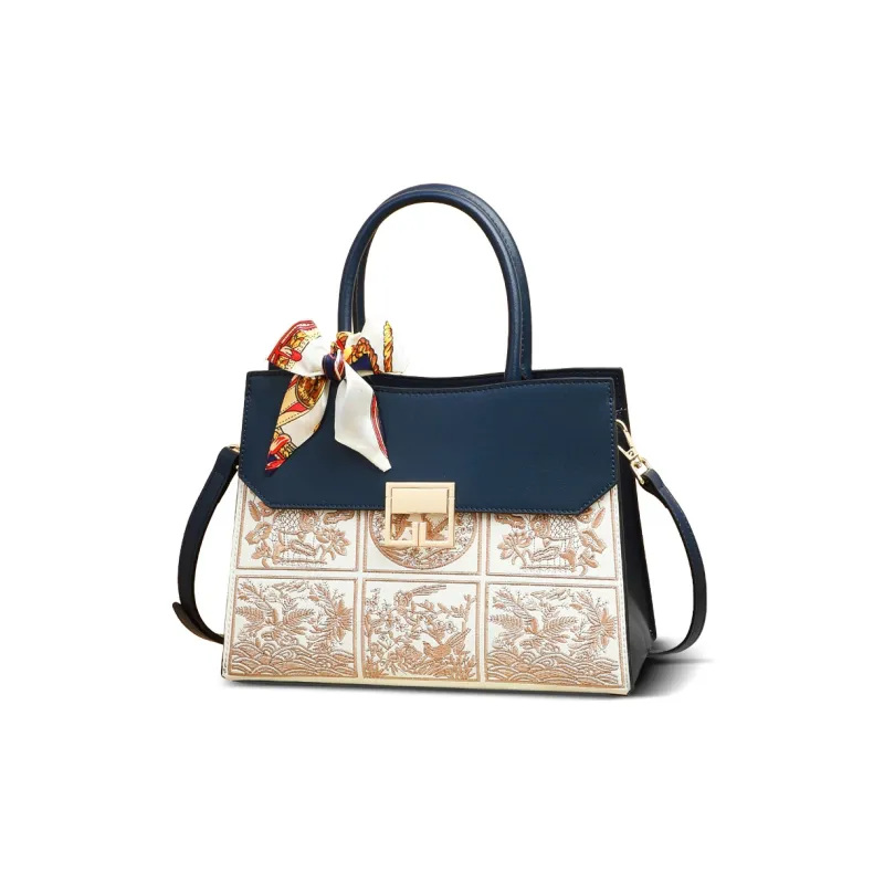 COMELY Cow Leather Patchwork Synthetic Leather One Shoulder Handbags Women's Blue-1