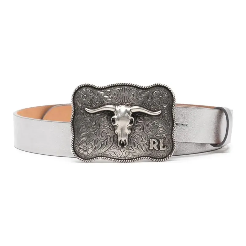 Ralph Lauren Collection Ox Head Emblem Decoration Leather Belts Women's Gray Width: 3CM-0