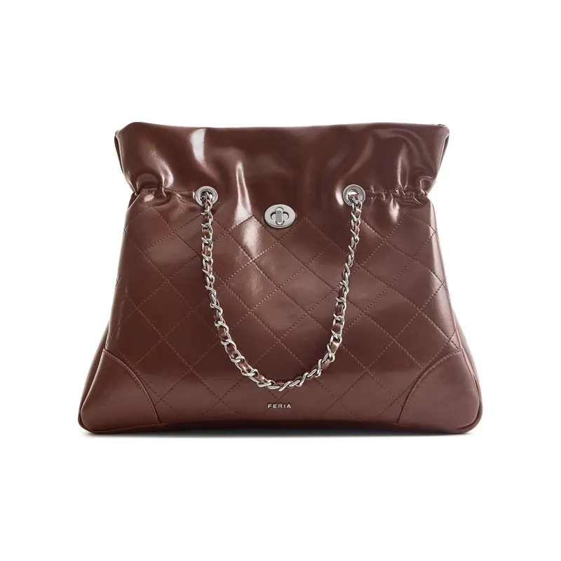 FERIA Split Cow Leather Diamond Pattern Pouch Handbag, Shoulder Bag Regular Women's Cocoa Brown/Black-0