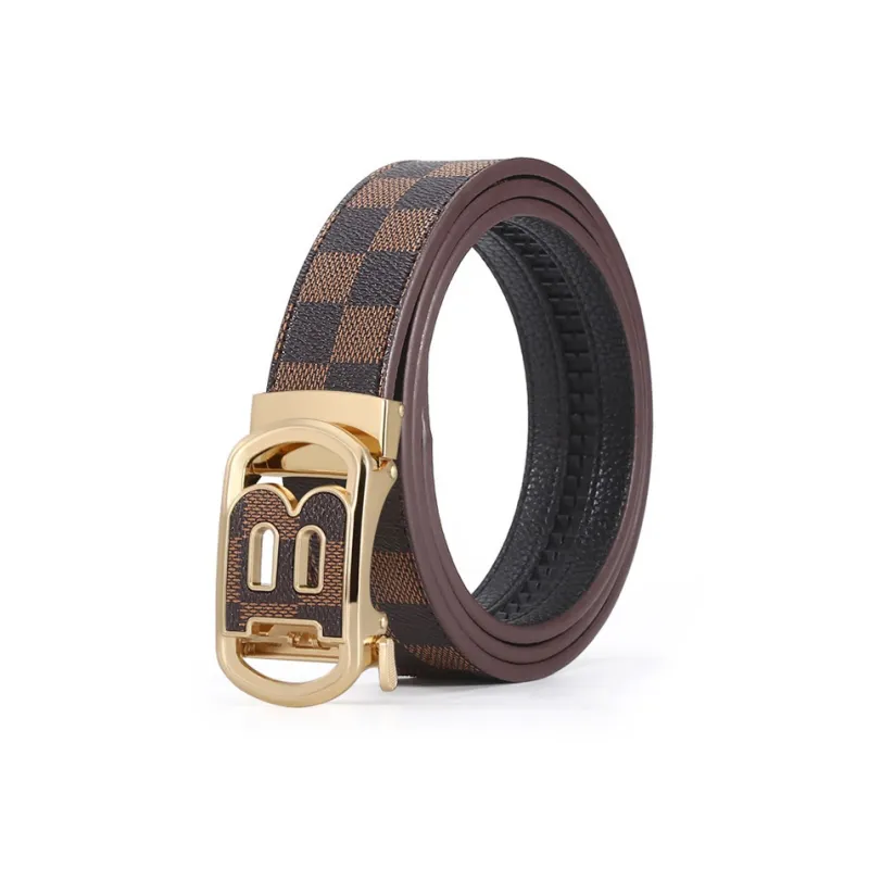 PISHUSHU Fashion Trend Automatic Buckle Top Grain Cow Leather Leather Belts Men's Gold Silver Black Width  3.5cm-0