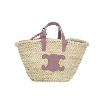 CELINE Palm Leaf With Cow Leather Binding Tote Bag, Shopping Bag, Basket, Handbag Women's Purple & Natural