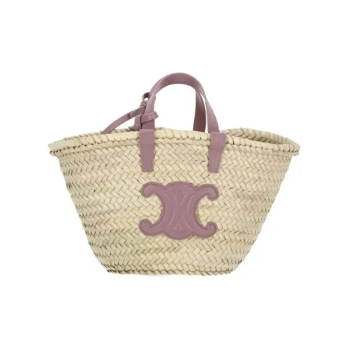 CELINE Palm Leaf With Cow Leather Binding Tote Bag, Shopping Bag, Basket, Handbag Women's Purple & Natural