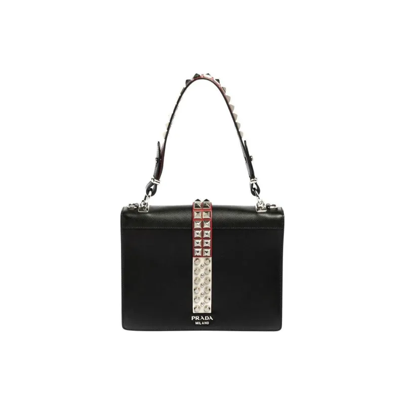 PRADA Leather Handbag Shoulder Bag Women's Black & Red-2