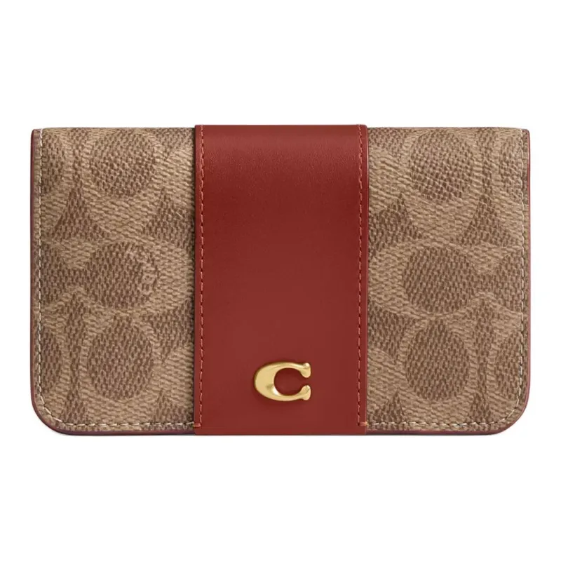 COACH Card Case Canvas With Calfskin Ultra Thin Card Holder Mini Women's Brass & Cinnamon & Rusty Red-0