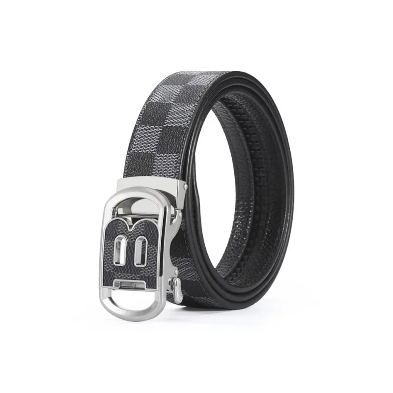 PISHUSHU Fashion Trend Automatic Buckle Top Grain Cow Leather Leather Belts Men's Gold Silver Black Width  3.5cm-1