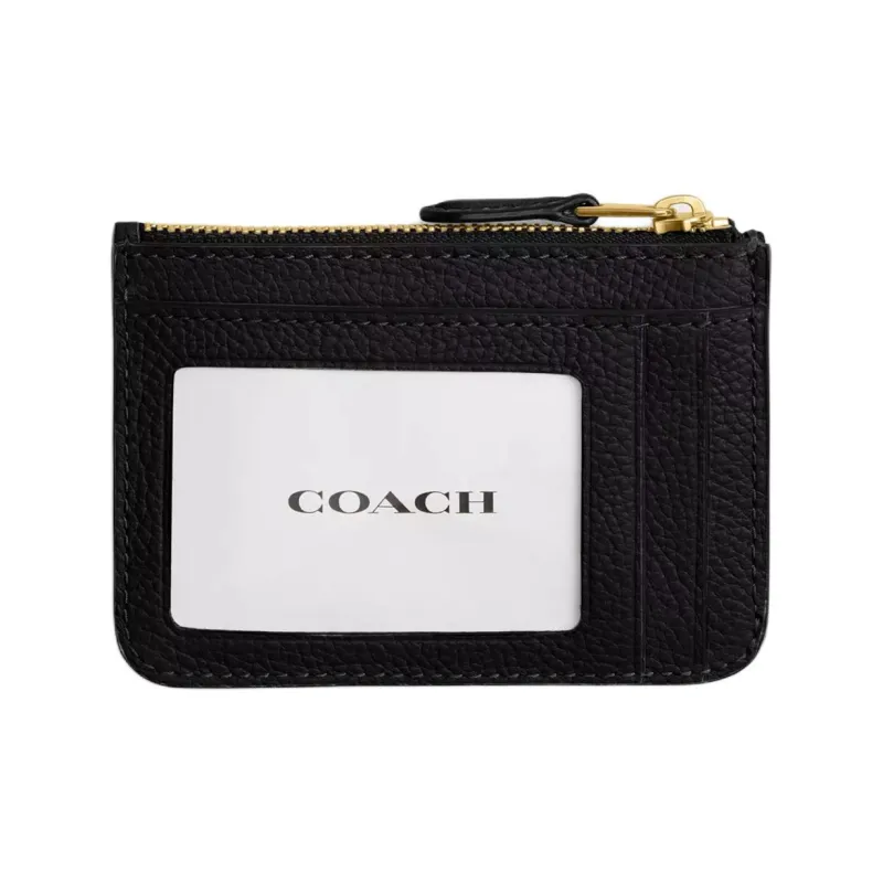 COACH Mini Id Skinny Polished Grained Leather ID Card Holder Wallet Mini Women's Brass & Black-1