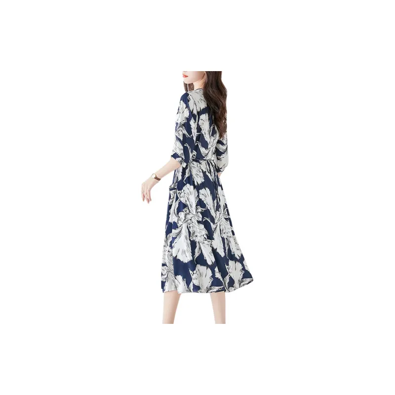 Cypress House Short Sleeved Dress Women's Navy Blue With Floral-0