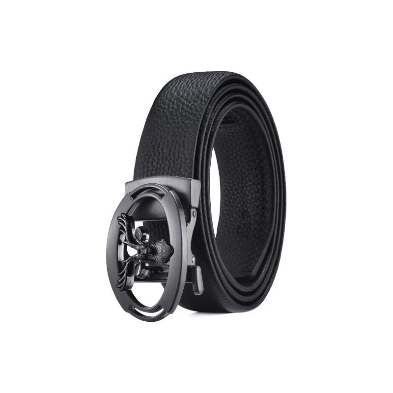 Old Man's Head Deer Head Buckle With Textured Automatic Buckle Top Grain Cow Leather Leather Belts Men's Black-0