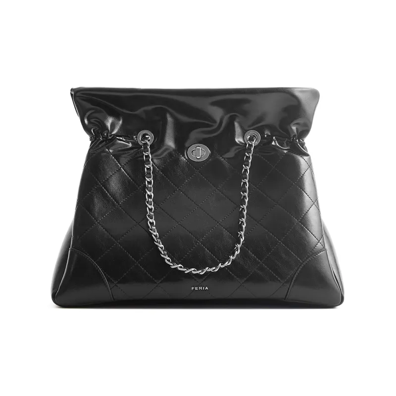 FERIA Split Cow Leather Diamond Pattern Pouch Handbag, Shoulder Bag Regular Women's Cocoa Brown/Black-4