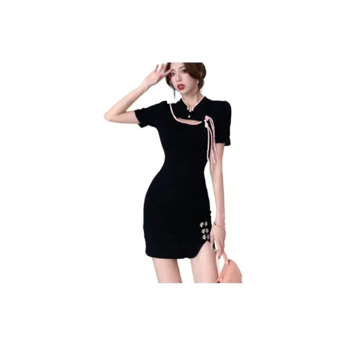 Mochahome Short-Sleeved Dresses Women's Vintage Black