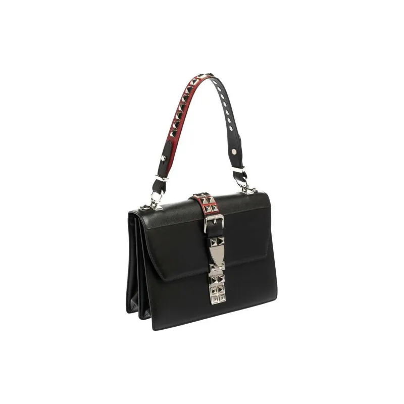 PRADA Leather Handbag Shoulder Bag Women's Black & Red-1