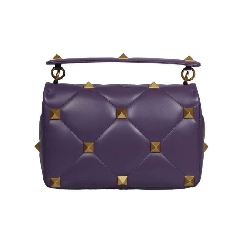 Valentino Roman Stud Nappa Sheep Leather Shoulder Bag Crossbody Bag Handbag Large Size Women's Dark Purple-2