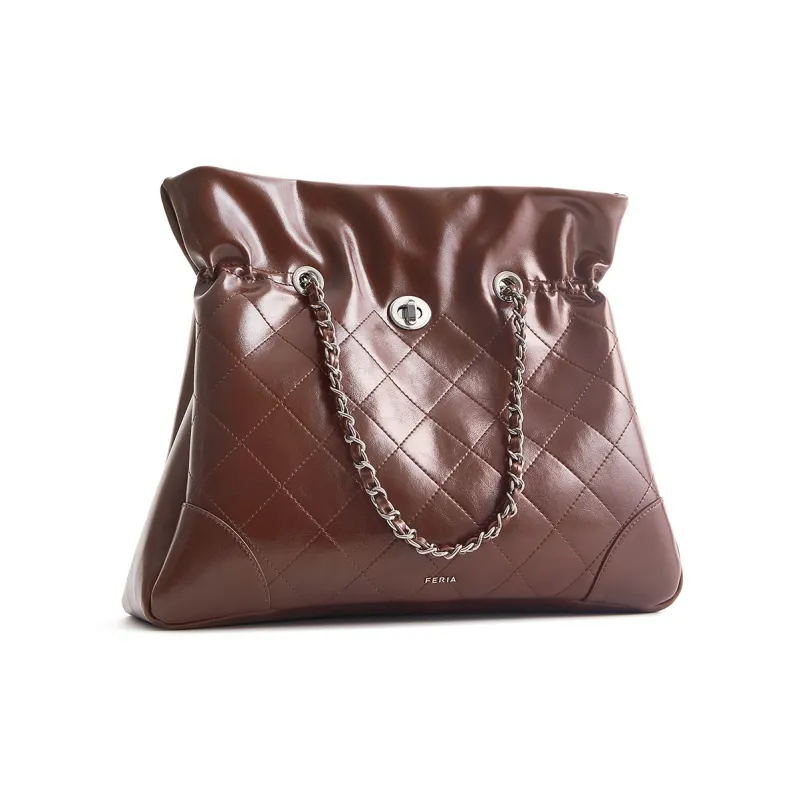 FERIA Split Cow Leather Diamond Pattern Pouch Handbag, Shoulder Bag Regular Women's Cocoa Brown/Black-1