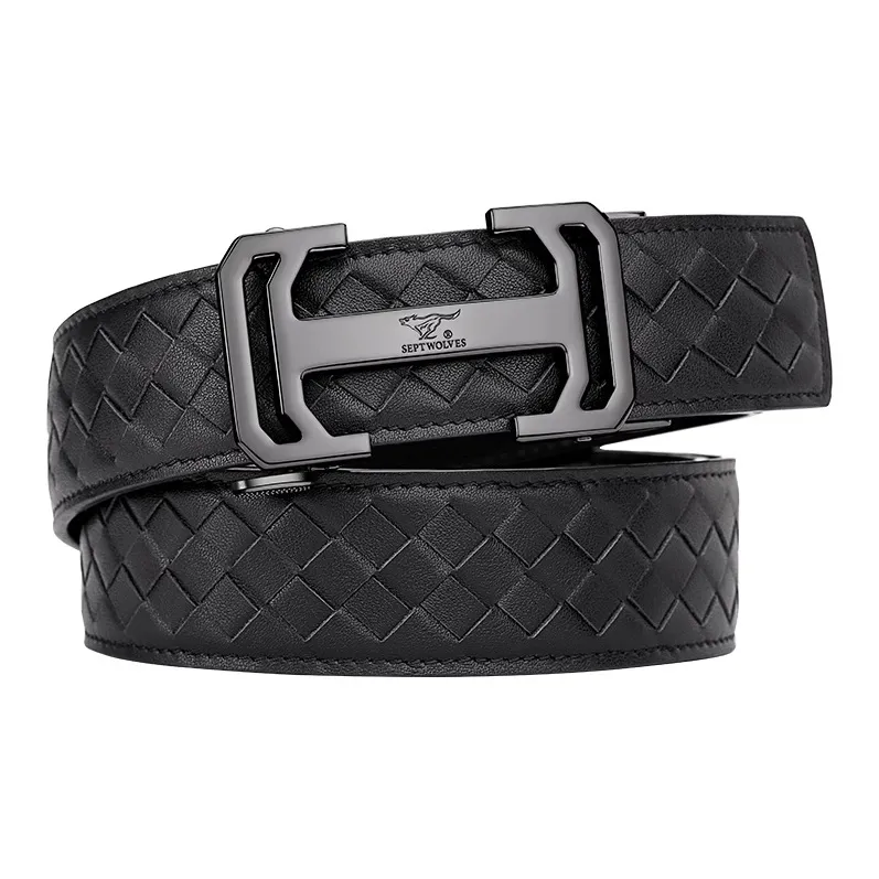 SEPTWOLVES Genuine Leather Automatic Buckle Belt Supple Cowhide Belt Width 3.55CM Leather Belts Men's-1