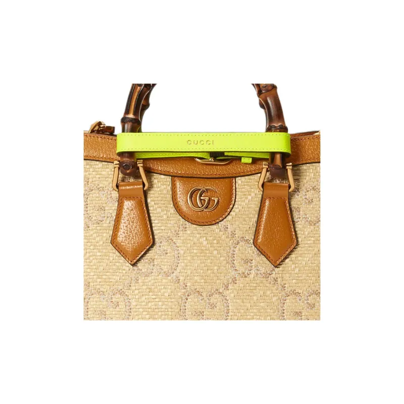 GUCCI Diana Raffia With Leather Tote Bag Shopping Bag Shoulder Bag Crossbody Bag Handbag Small Size Women's Orange-7
