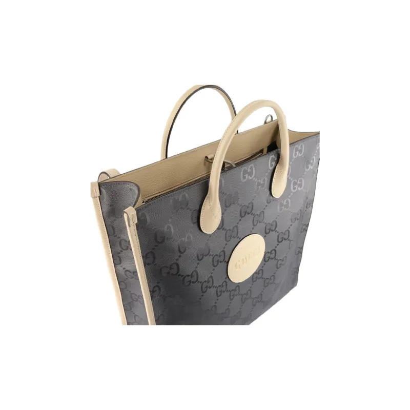 GUCCI Nylon With Leather Tote Bag Shopping Bag Shoulder Bag Crossbody Bag Handbag Unisex Gray-3