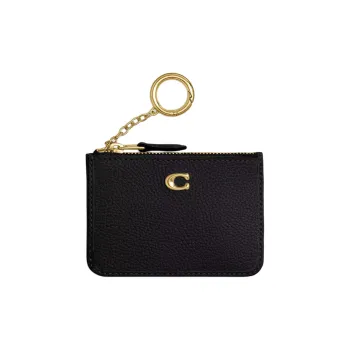 COACH Mini Id Skinny Polished Grained Leather ID Card Holder Wallet Mini Women's Brass & Black
