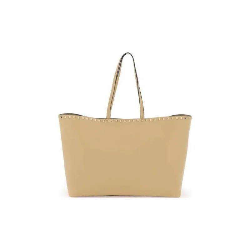 Valentino Rockstud Grained Calfskin Tote Bag Shopping Bag Shoulder Bag Handbag Women's Khaki-0