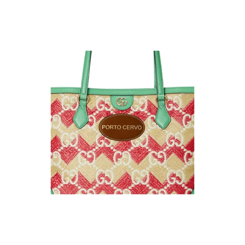 GUCCI Straw With Leather Trim Tote Bag Shopping Bag Shoulder Bag Handbag Regular Women's Pink/Green/White-7