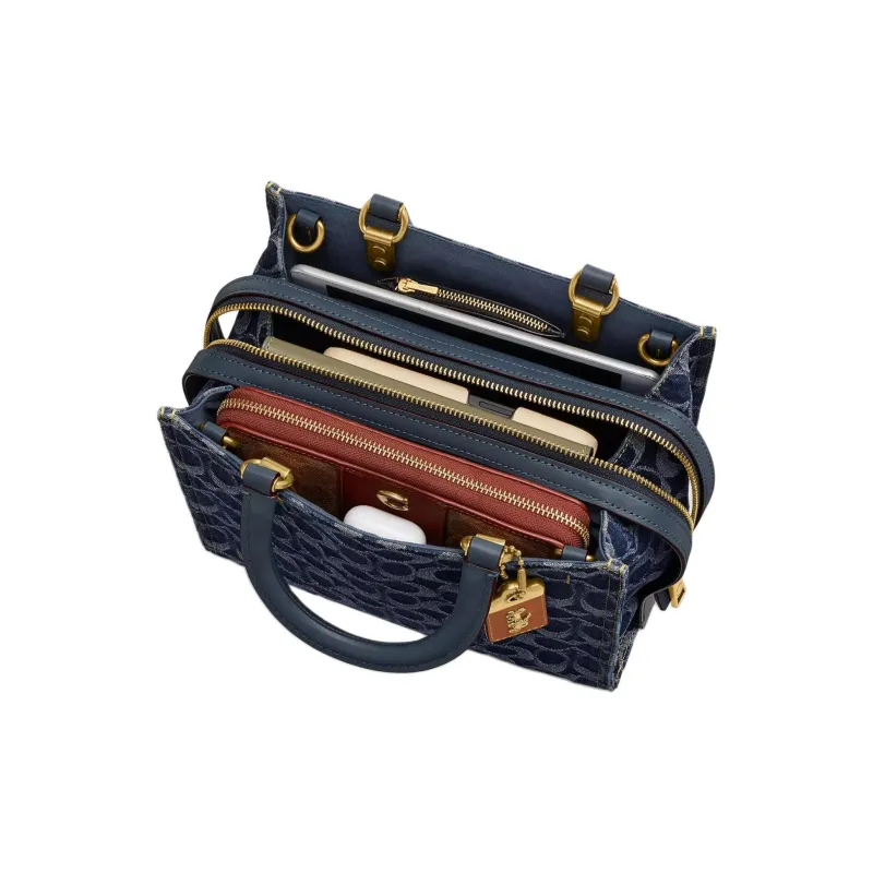 COACH Rogue Denim Patchwork Glove Tanned Leather Shoulder Bag Crossbody Bag Handbag Medium Size Women's Blue-4