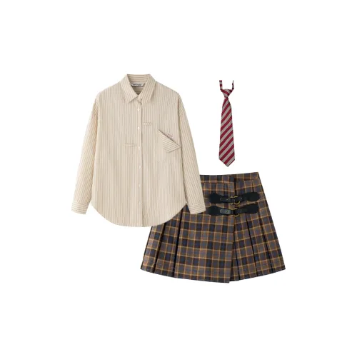 Tokyo Season Uniforms Women's Set Brown Shirts+Brown Leather-Label Skirt+Accessories