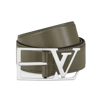 LOUIS VUITTON Logo Identification Leather Belts Men's Green Width 3.5CM