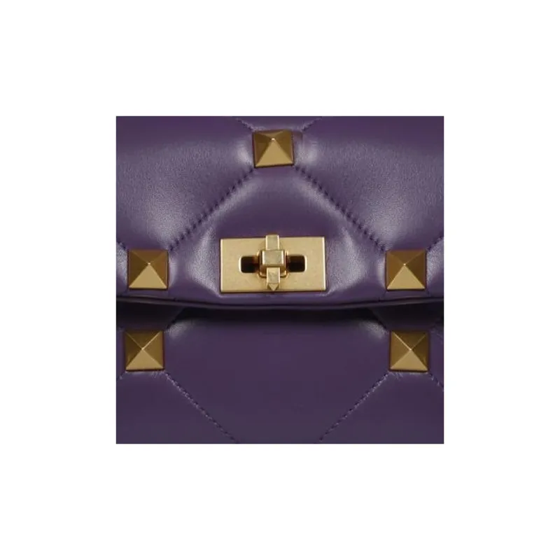 Valentino Roman Stud Nappa Sheep Leather Shoulder Bag Crossbody Bag Handbag Large Size Women's Dark Purple-3
