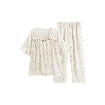 FENTENG Pajama Set Women's Beige With Floral