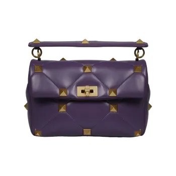 Valentino Roman Stud Nappa Sheep Leather Shoulder Bag Crossbody Bag Handbag Large Size Women's Dark Purple