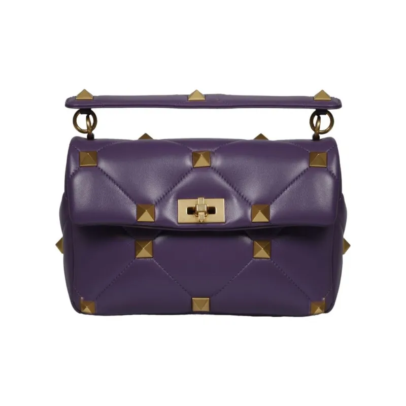 Valentino Roman Stud Nappa Sheep Leather Shoulder Bag Crossbody Bag Handbag Large Size Women's Dark Purple-0