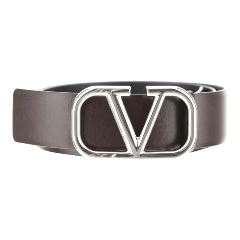 Valentino Letter Logo Smooth Buckle Leather Belts Men's Umber Width 4cm-0