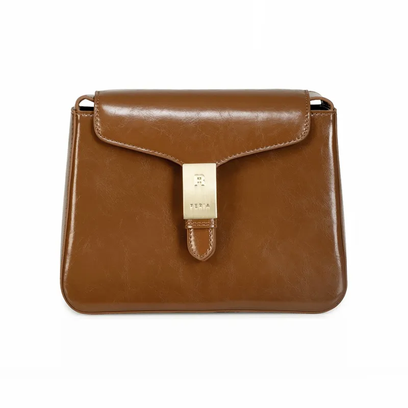 FERIA Cow Split Leather Waxed Leather Commute Small Square Bag Medium Size Women's Caramel/Black-0