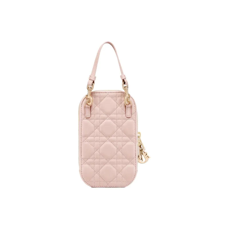 DIOR Lady Dior Lambskin Portable One Shoulder Crossbody Cell Phone Pouch Women's Light Pink-3