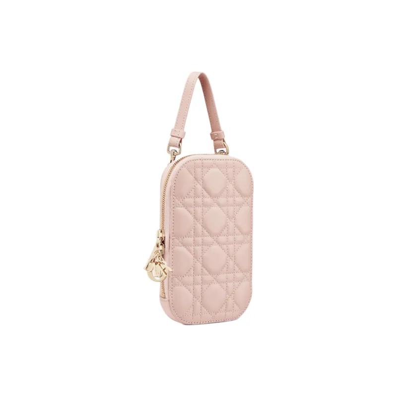 DIOR Lady Dior Lambskin Portable One Shoulder Crossbody Cell Phone Pouch Women's Light Pink-2