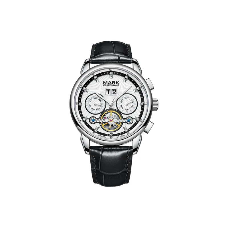 FAIRWHALE Men's Watch Mechanical Movement Genuine Leather Strap Watch Men's Watches White Dial-0