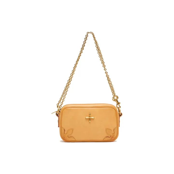 SMFK Cowhide Patchwork Canvas Shoulder Bag Women's Ginger Yellow-2